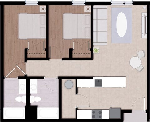 Floor plan for 2 beds, 2 baths, 1003 sqft